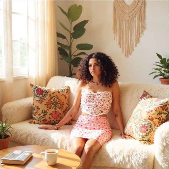 Corset Top – by Salty – Pink/White Floral – Ruched Sweetheart Spring Summer L - Picture 2 of 5